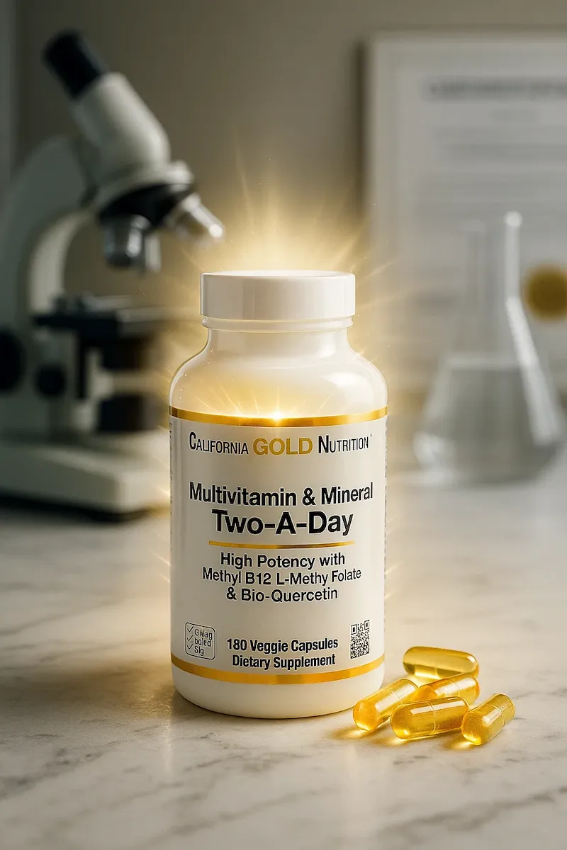 California Gold Nutrition Two-A-Day multivitamin bottle with veggie capsules and lab background