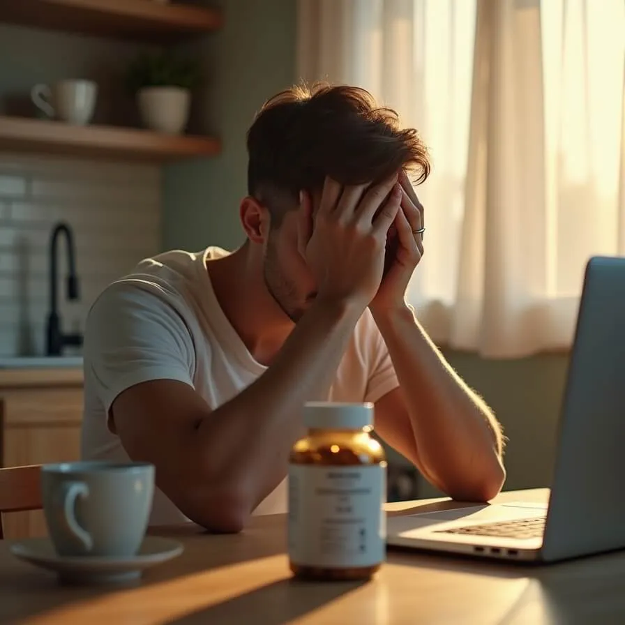 Battling fatigue and brain fog — a tired person at a table with vitamin capsules, symbolizing nutrient gaps and low energy.