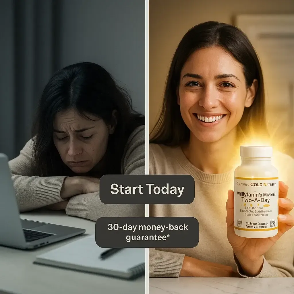 Before-and-after split showing tired vs energized person with CTA to start today