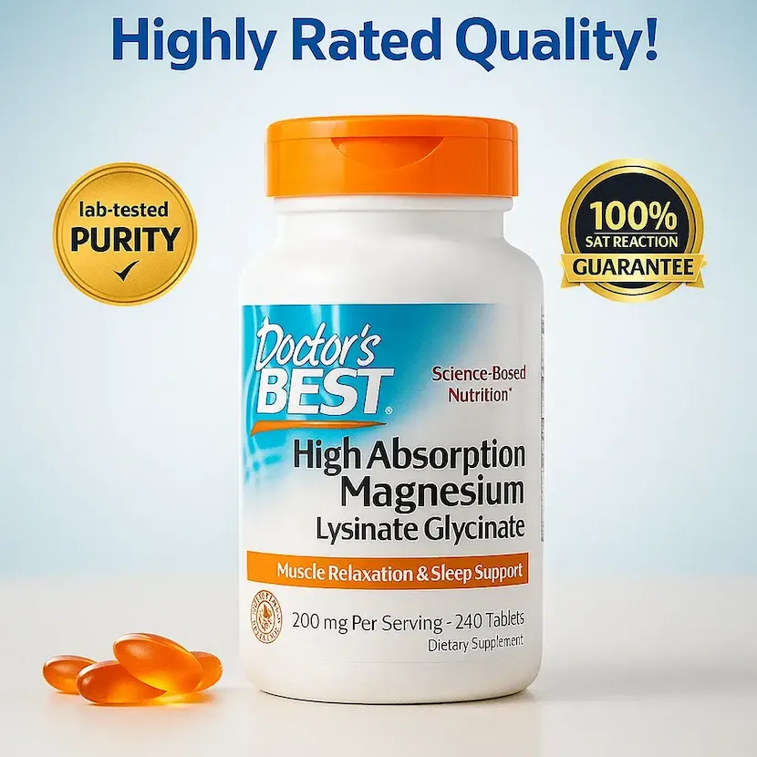 Doctor’s Best High-Absorption Magnesium bottle — studio product shot with lab-tested badge.