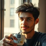 “Calm man relaxing with coffee in Brooklyn apartment, Doctor’s Best Magnesium bottle on table.”