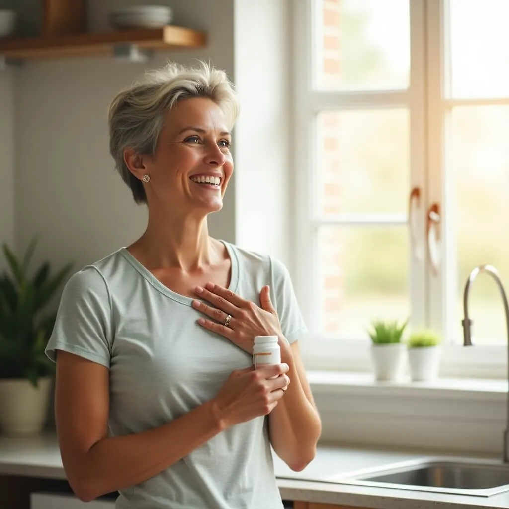 “Middle-aged adult smiling with improved focus and energy while holding EnduNAD capsules, illustrating natural NAD+ support.”