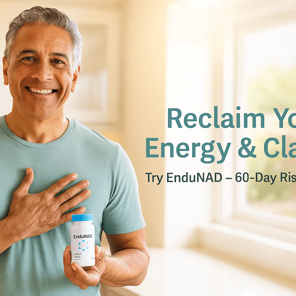 “Middle-aged adult smiling with improved focus and energy while holding EnduNAD capsules, illustrating natural NAD+ support.”