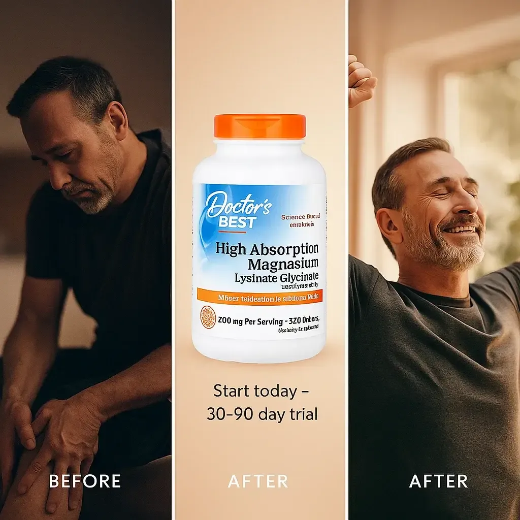 Before and after montage showing a person feeling tired then refreshed, with Doctor’s Best Magnesium bottle in the center.