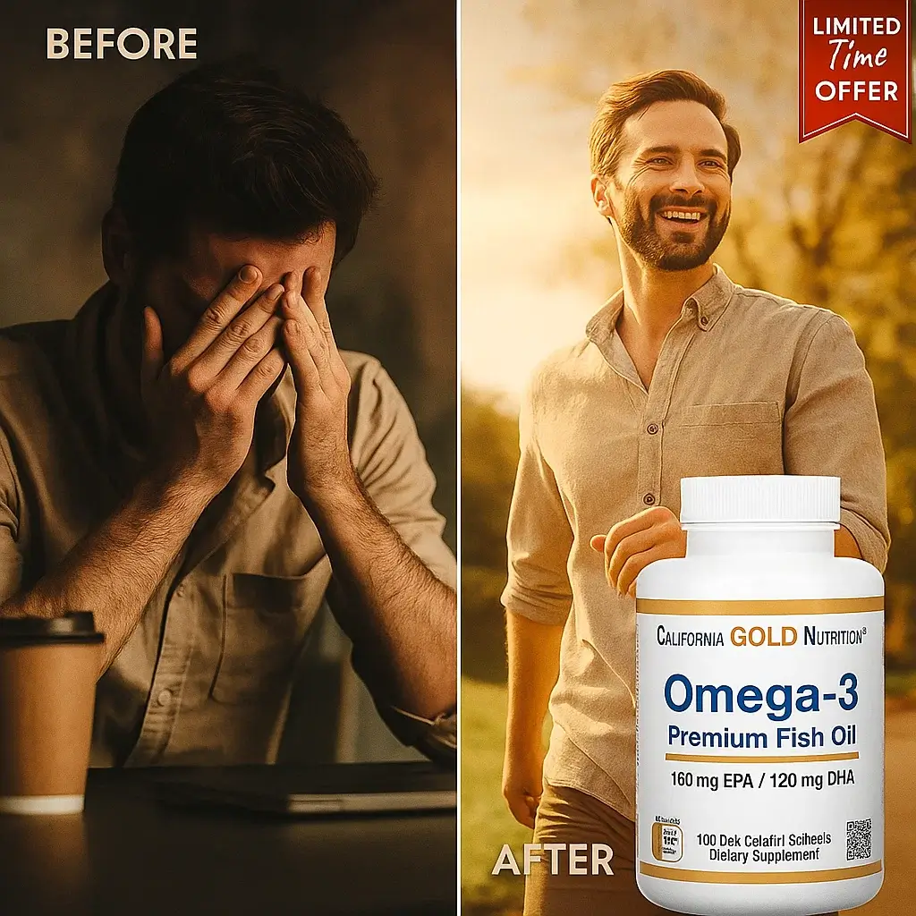 Contrast image showing tired person with coffee vs energetic person outside, highlighting urgency and product bottl