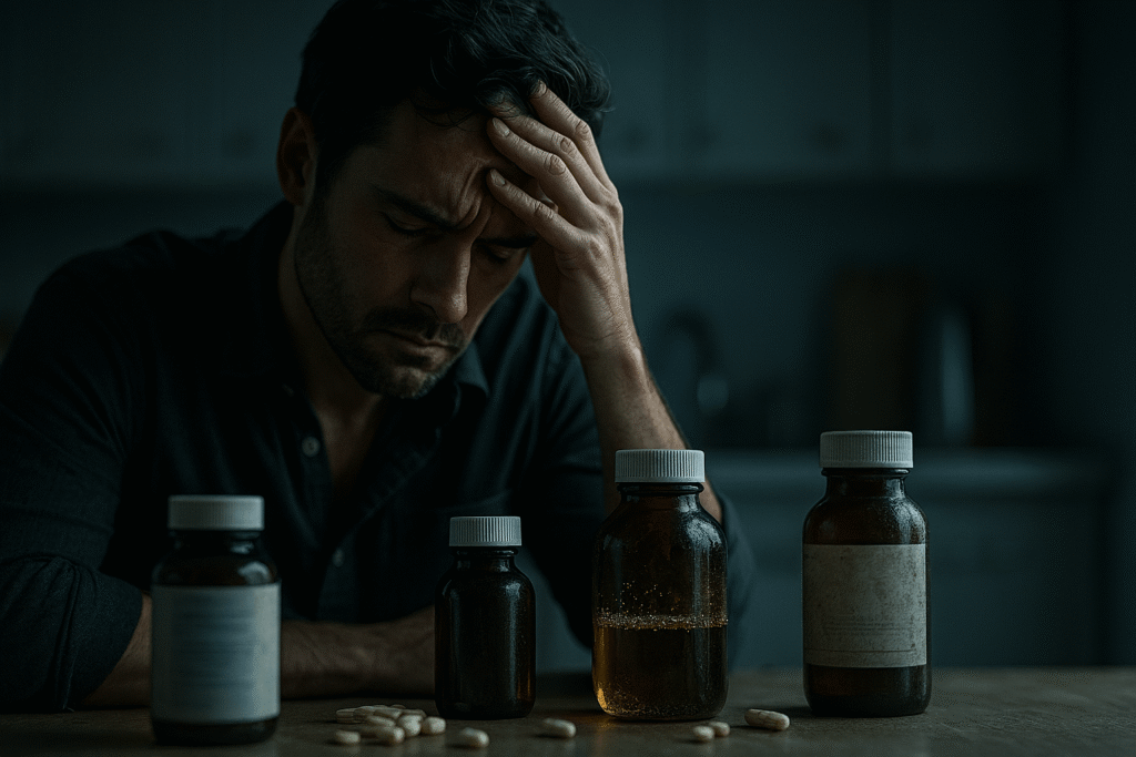 “Split-screen showing ineffective, rancid supplements on one side and a lab-tested Omega-3 capsule (360 mg EPA + 240 mg DHA) with molecular overlays on the other, illustrating why low-quality supplements fail.”