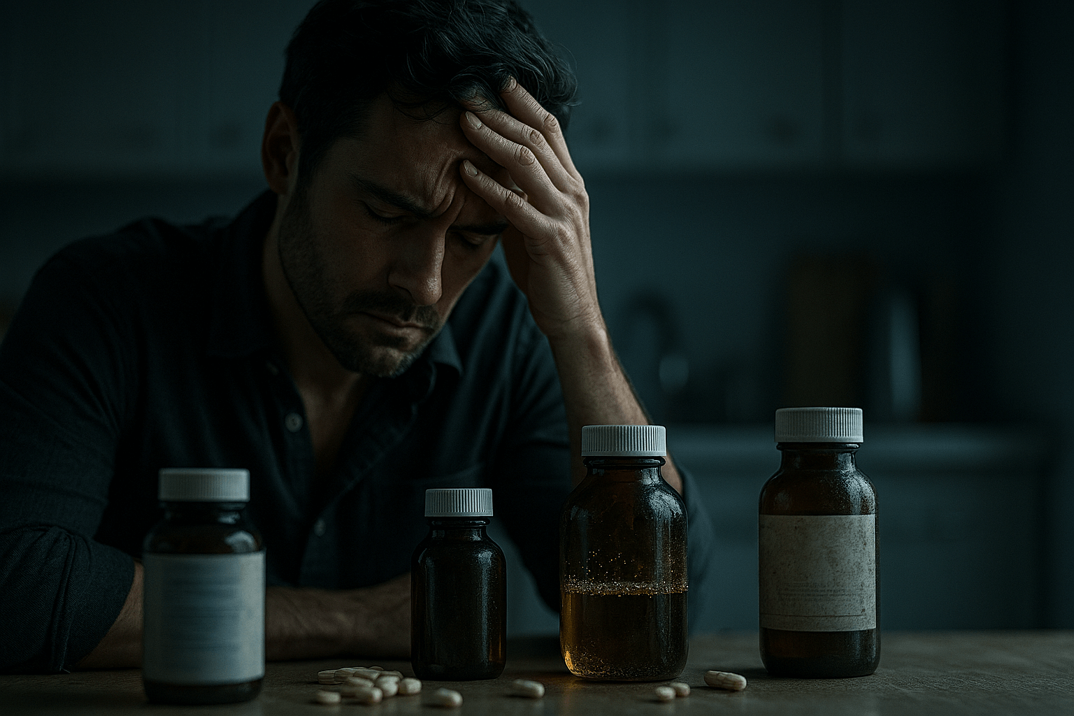 “Split-screen showing ineffective, rancid supplements on one side and a lab-tested Omega-3 capsule (360 mg EPA + 240 mg DHA) with molecular overlays on the other, illustrating why low-quality supplements fail.”