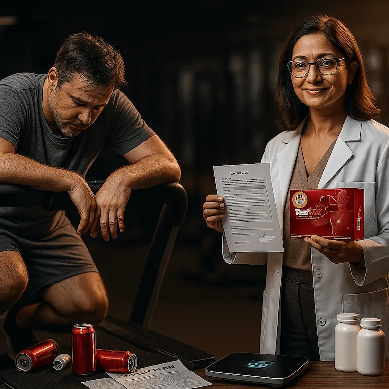 “Weary man on treadmill surrounded by empty energy drinks and diet plans, with a female clinician holding a lab report and a TestRX® bottle offering a science-backed solution.”
