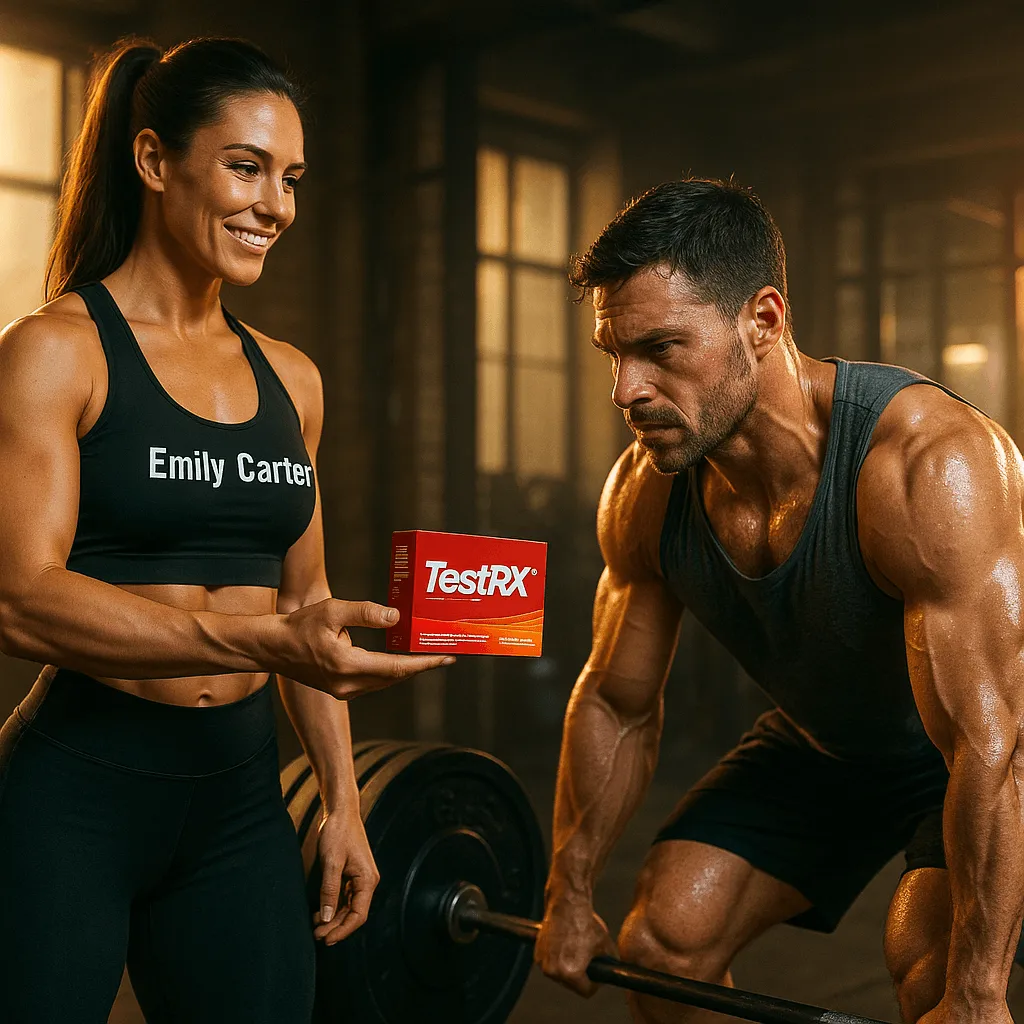 Emily Carter motivating a man in the gym to start his fitness transformation with TestRX®