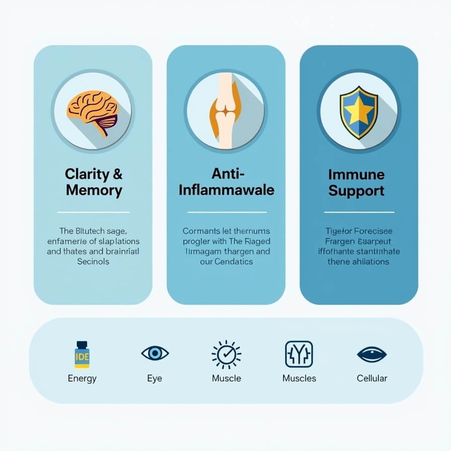 Bouteille Ultra-Pure Premium Omega-3 et gélules montrant les bienfaits pour la clarté mentale, l'énergie, l'immunité et la santé cellulaire.