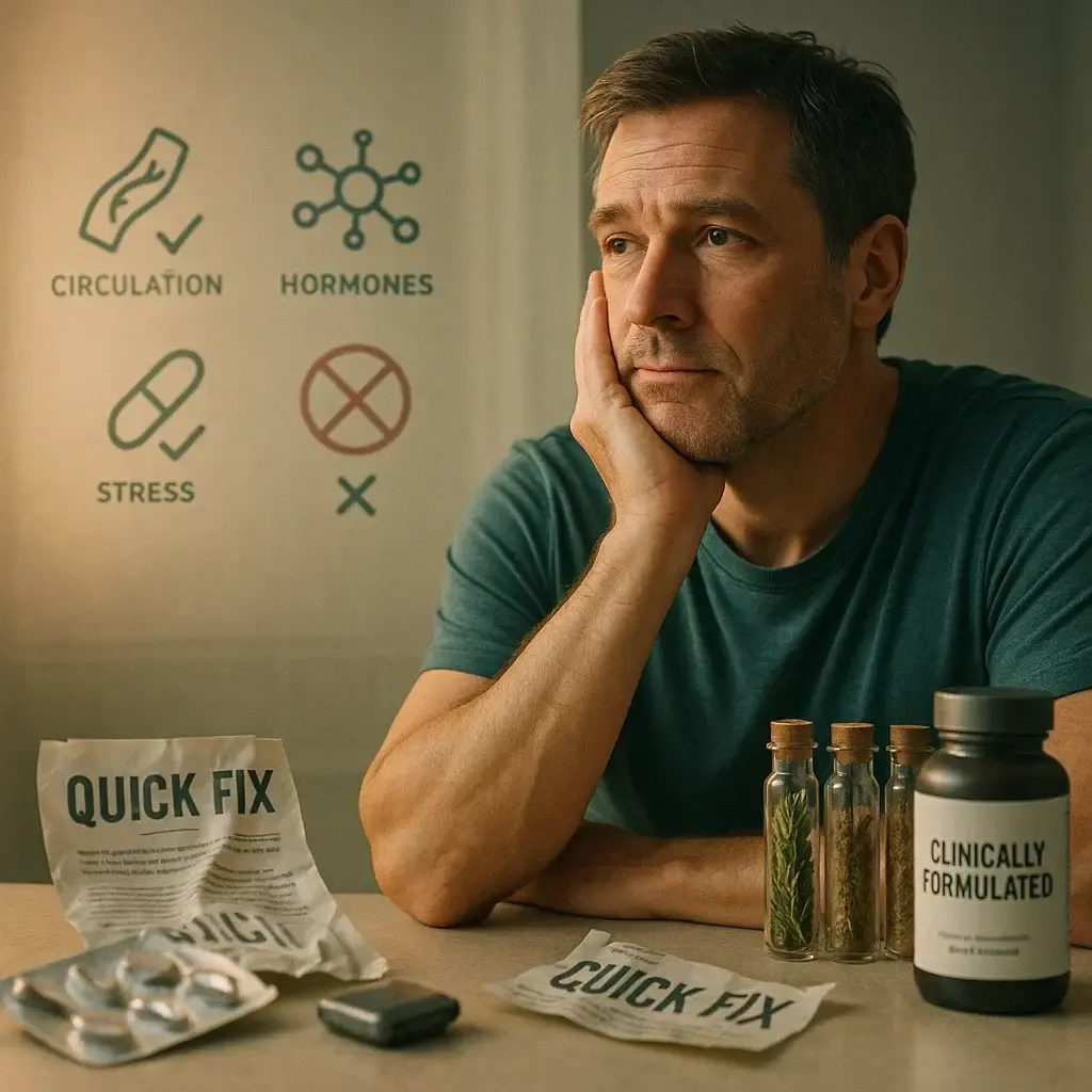 Thoughtful middle-aged man at a bathroom counter with discarded quick-fix pills in the foreground and natural herb vials plus a “clinically formulated” bottle beside him—visualizing why one-size-fits-all fixes fail to address circulation, hormones, and stress.